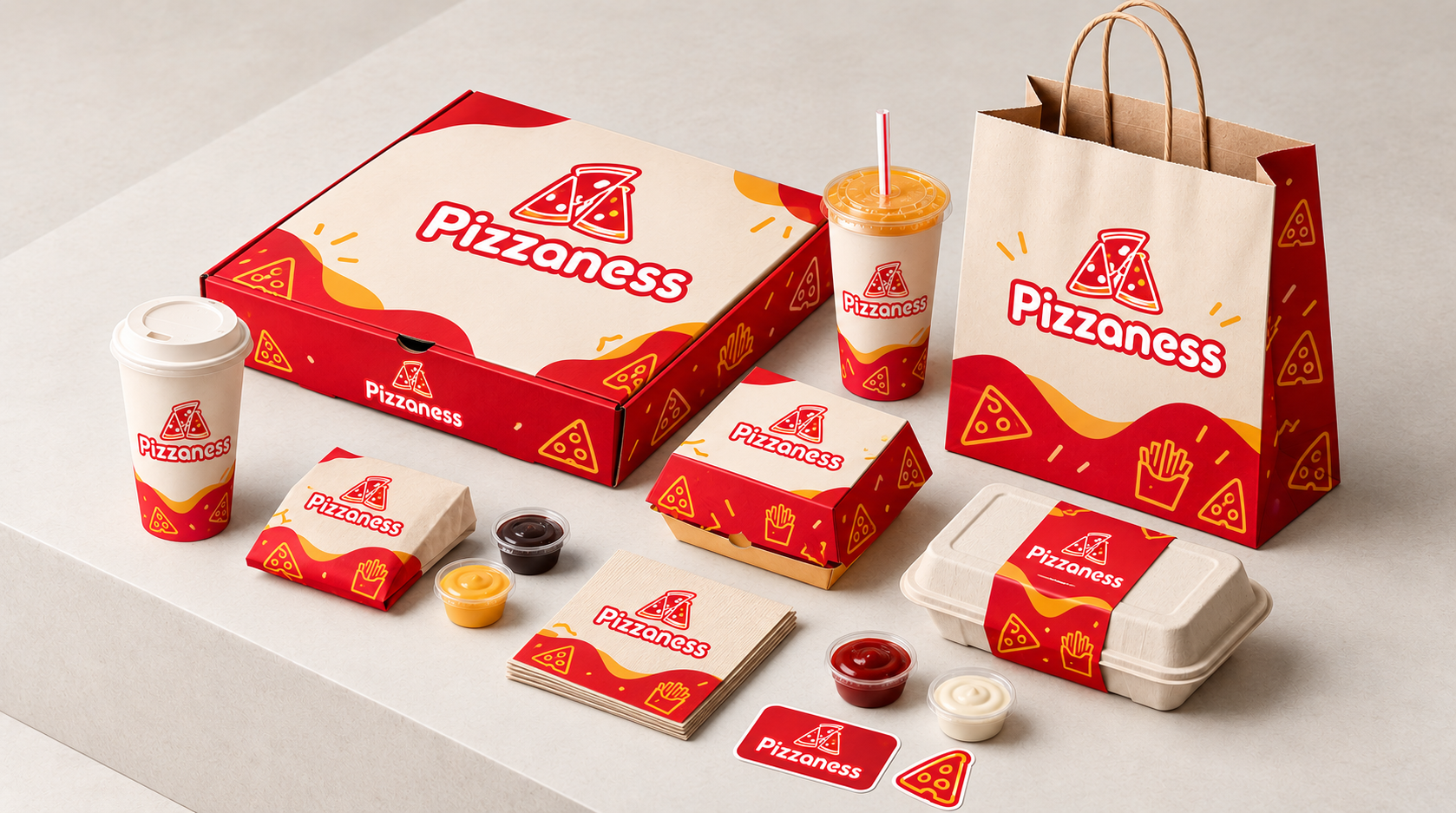 Complete luxury restaurant packaging collection with artisan pizza box, burger box, fries container, paper takeaway bag, cups, and stickers