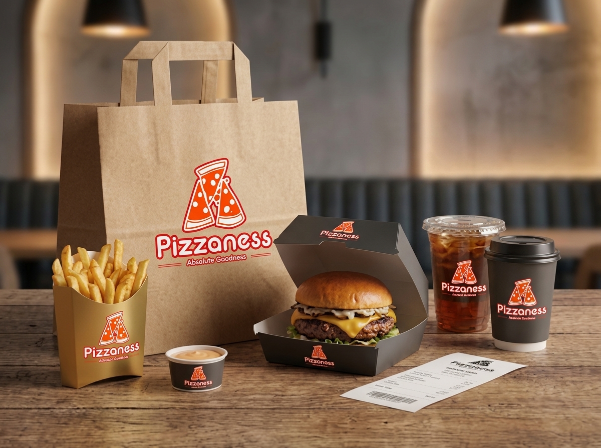 Complete customer table scene with branded takeout bag, burger box, french fry box, drink cups and receipt