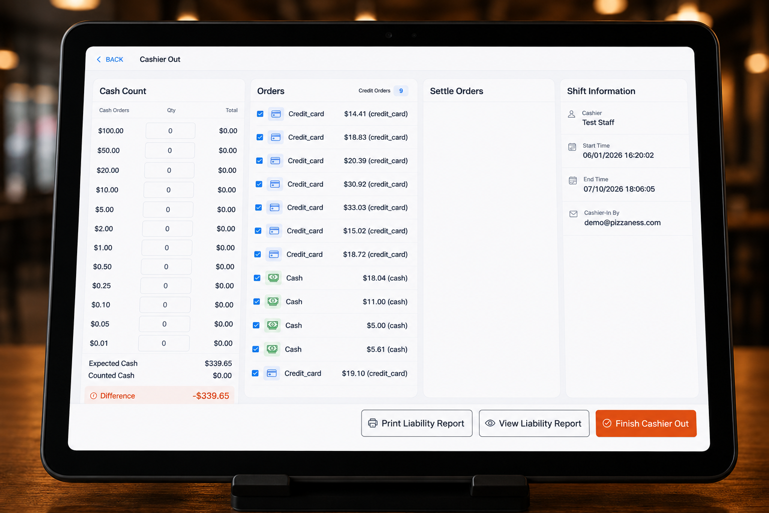 Cashier in/out interface